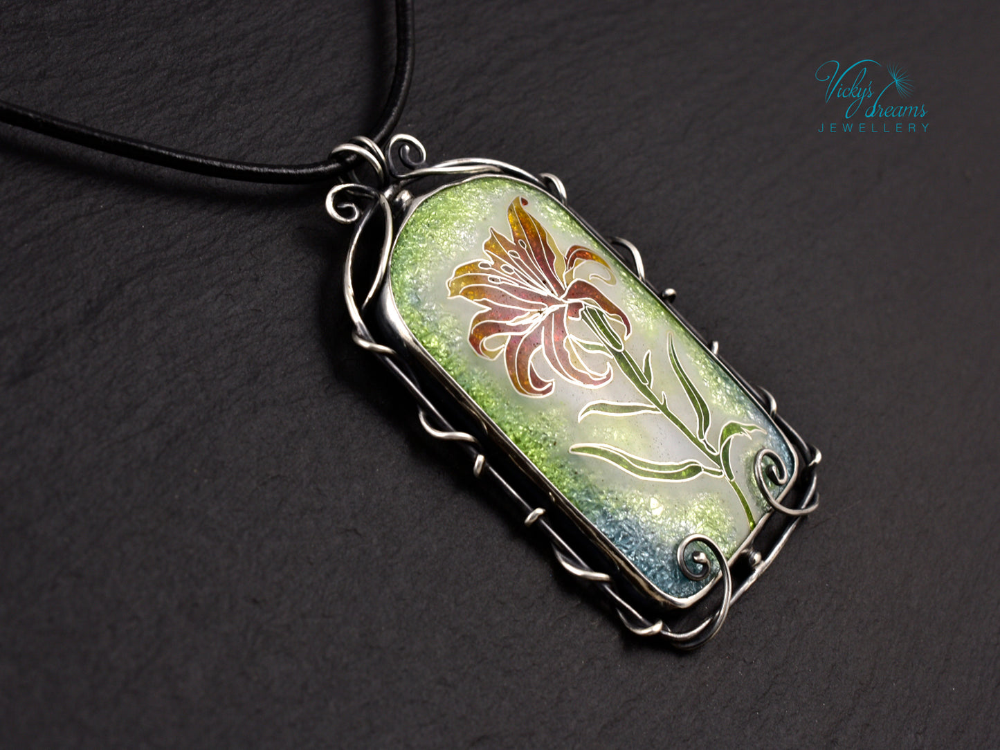 Handmade cloisonné fire lily enamel pendant on sterling silver with leather cord