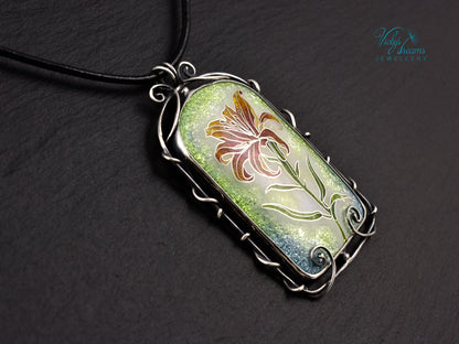 Handmade cloisonné fire lily enamel pendant on sterling silver with leather cord