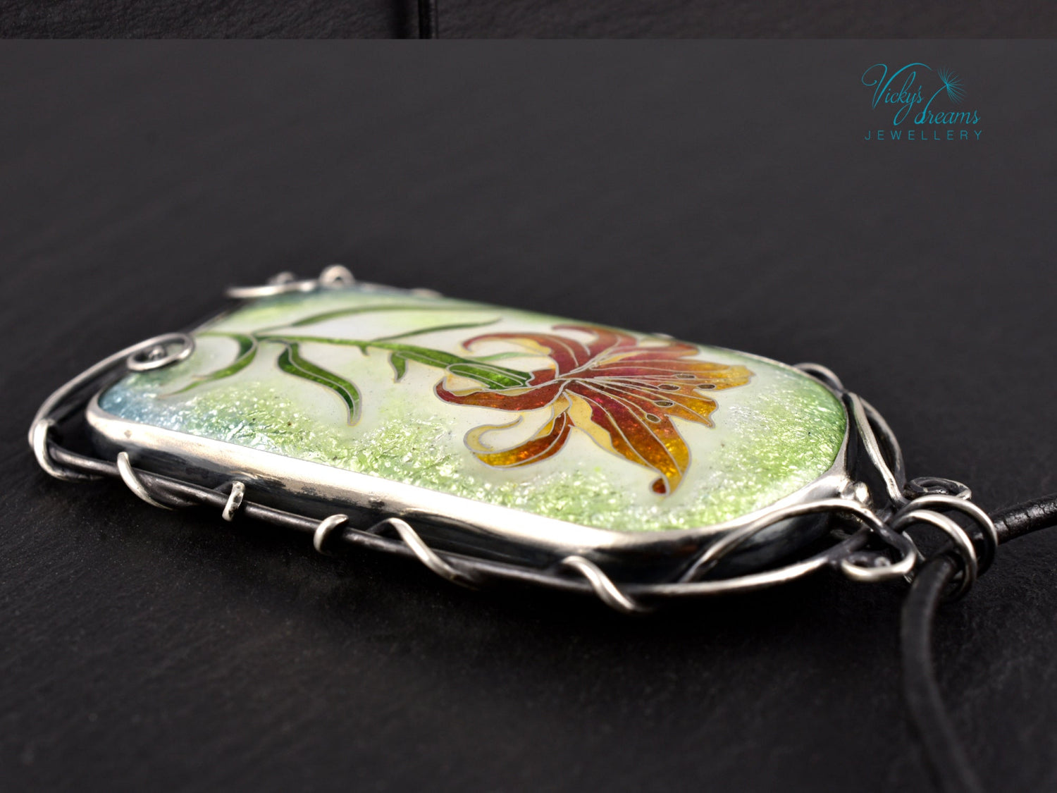 Handmade cloisonné fire lily enamel pendant on sterling silver with leather cord