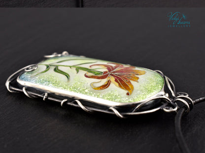 Handmade cloisonné fire lily enamel pendant on sterling silver with leather cord