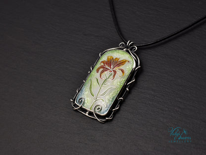 Handmade cloisonné fire lily enamel pendant on sterling silver with leather cord
