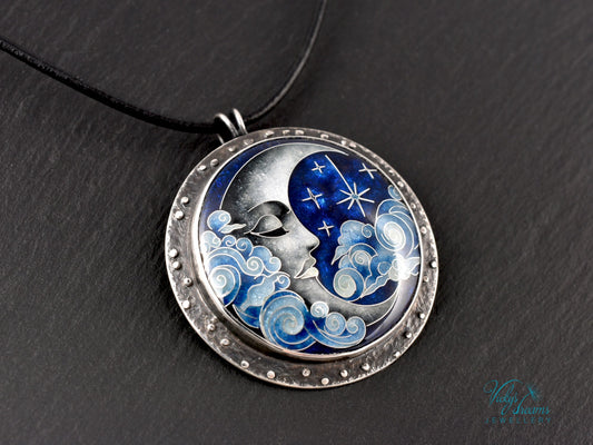Moon and Stars Cloisonné Enamel Pendant - Handmade Sterling Silver Jewelry