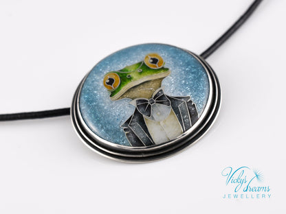 Handmade cloisonné enamel Mr. Frog pendant in oxidized sterling silver with leather cord