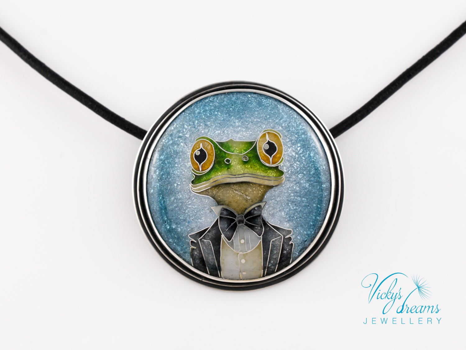 Handmade cloisonné enamel Mr. Frog pendant in oxidized sterling silver with leather cord