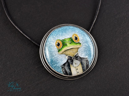 Handmade cloisonné enamel Mr. Frog pendant in oxidized sterling silver with leather cord