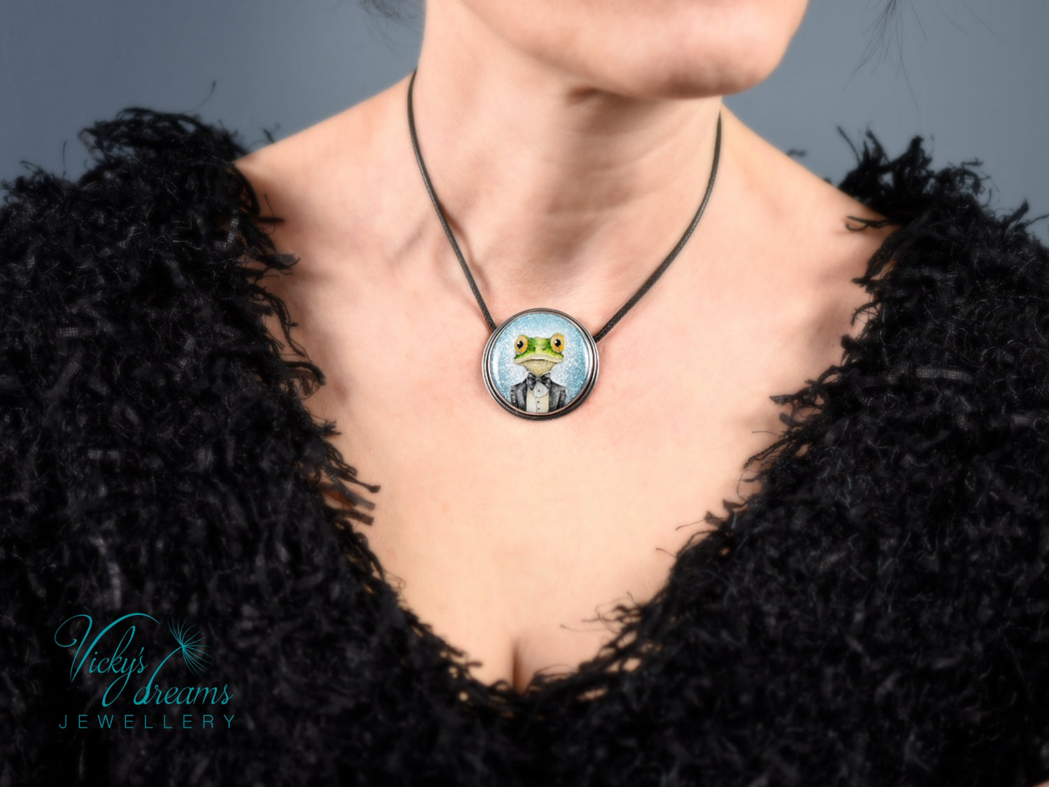 Handmade cloisonné enamel Mr. Frog pendant in oxidized sterling silver with leather cord