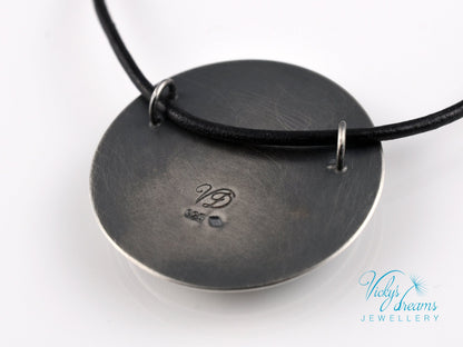 Handmade cloisonné enamel Mr. Frog pendant in oxidized sterling silver with leather cord