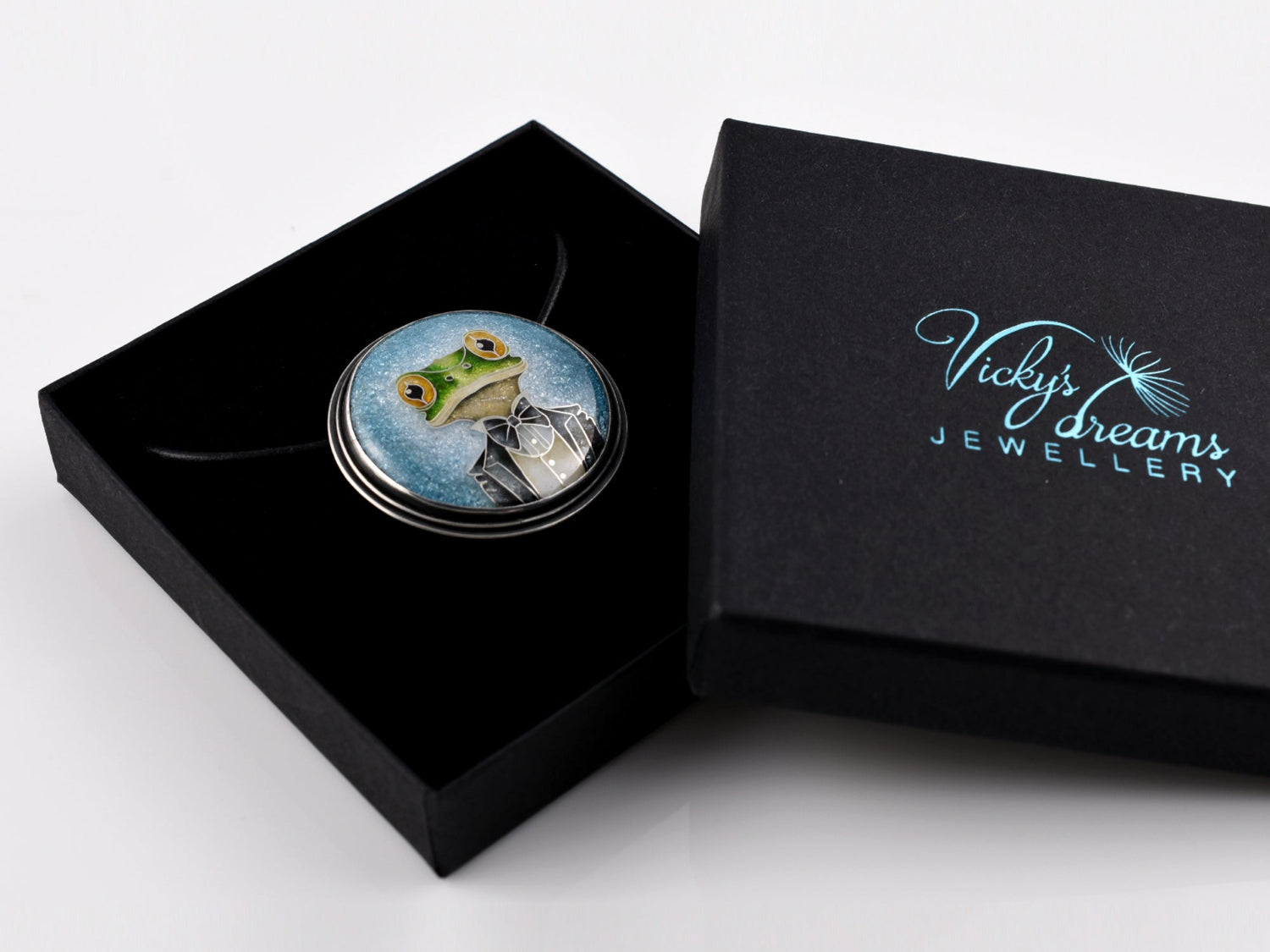 Handmade cloisonné enamel Mr. Frog pendant in oxidized sterling silver with leather cord