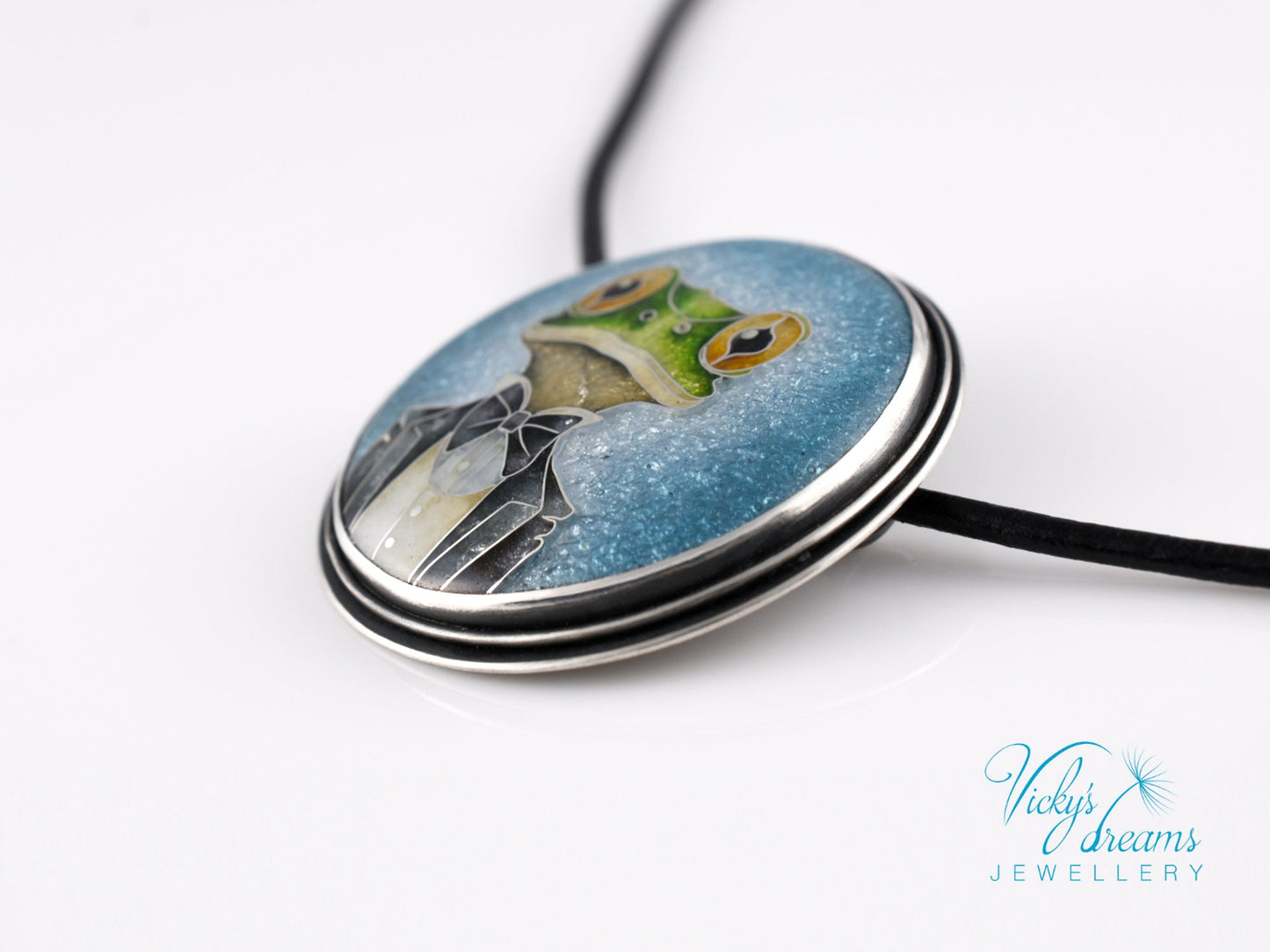 Handmade cloisonné enamel Mr. Frog pendant in oxidized sterling silver with leather cord