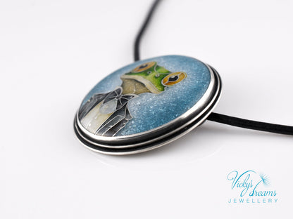 Handmade cloisonné enamel Mr. Frog pendant in oxidized sterling silver with leather cord