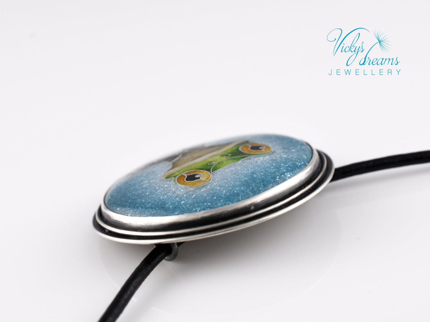 Handmade cloisonné enamel Mr. Frog pendant in oxidized sterling silver with leather cord