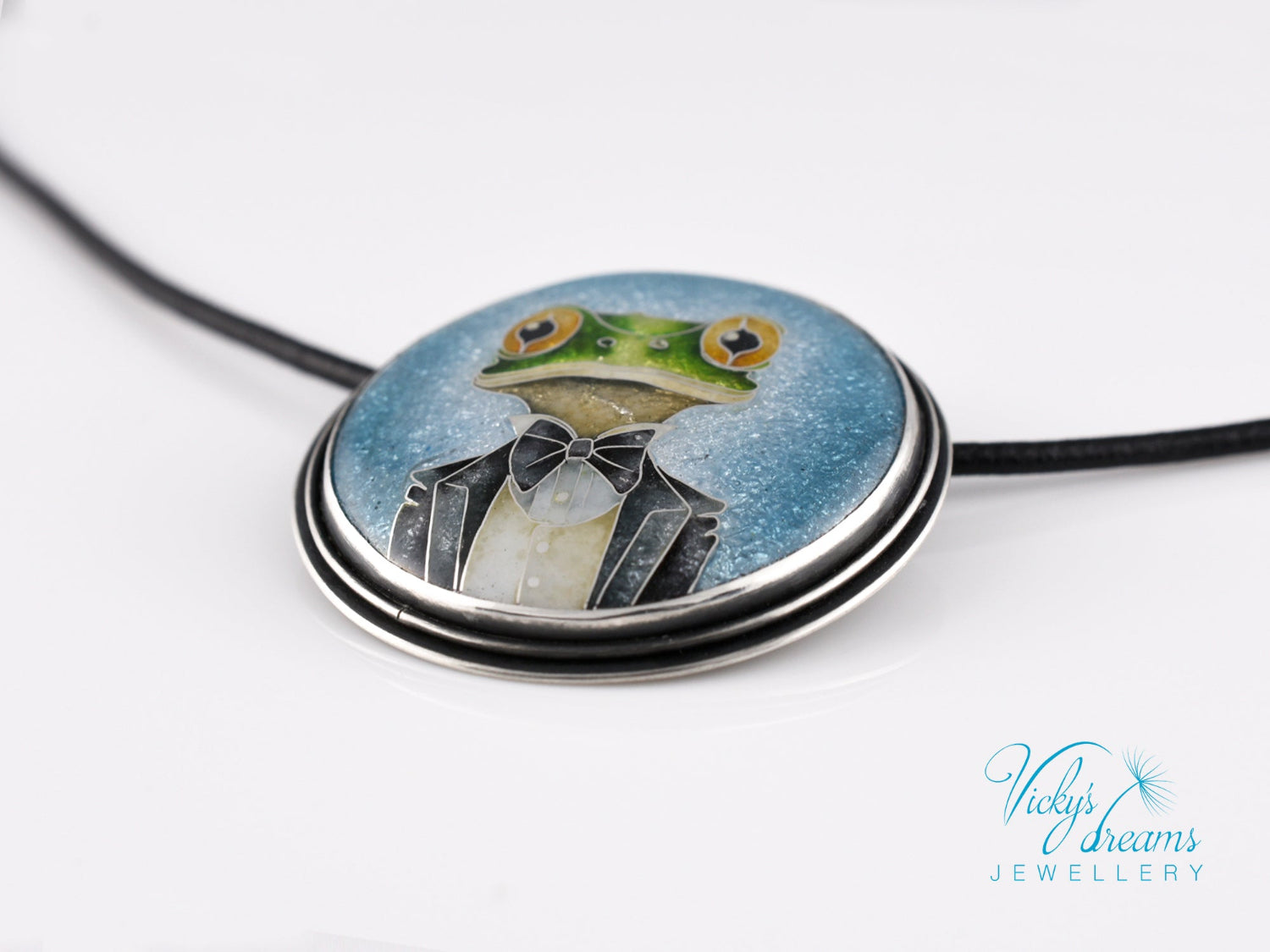 Handmade cloisonné enamel Mr. Frog pendant in oxidized sterling silver with leather cord