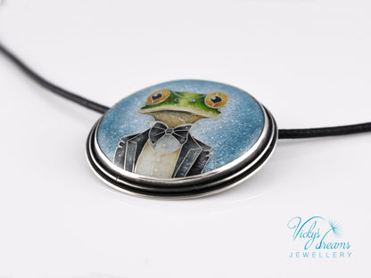Handmade cloisonné enamel Mr. Frog pendant in oxidized sterling silver with leather cord