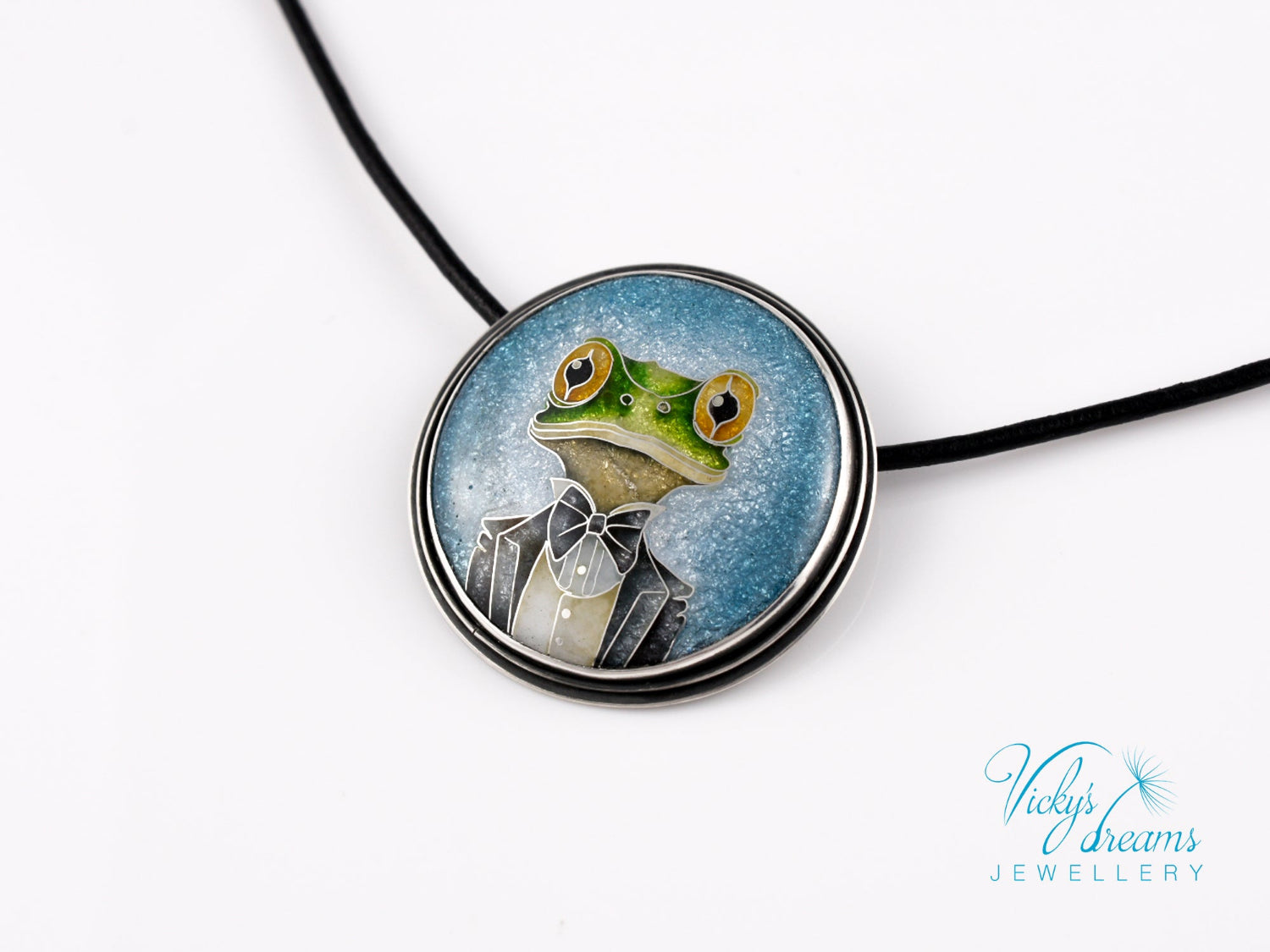 Handmade cloisonné enamel Mr. Frog pendant in oxidized sterling silver with leather cord