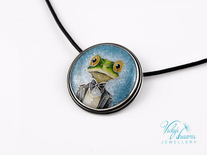 Handmade cloisonné enamel Mr. Frog pendant in oxidized sterling silver with leather cord