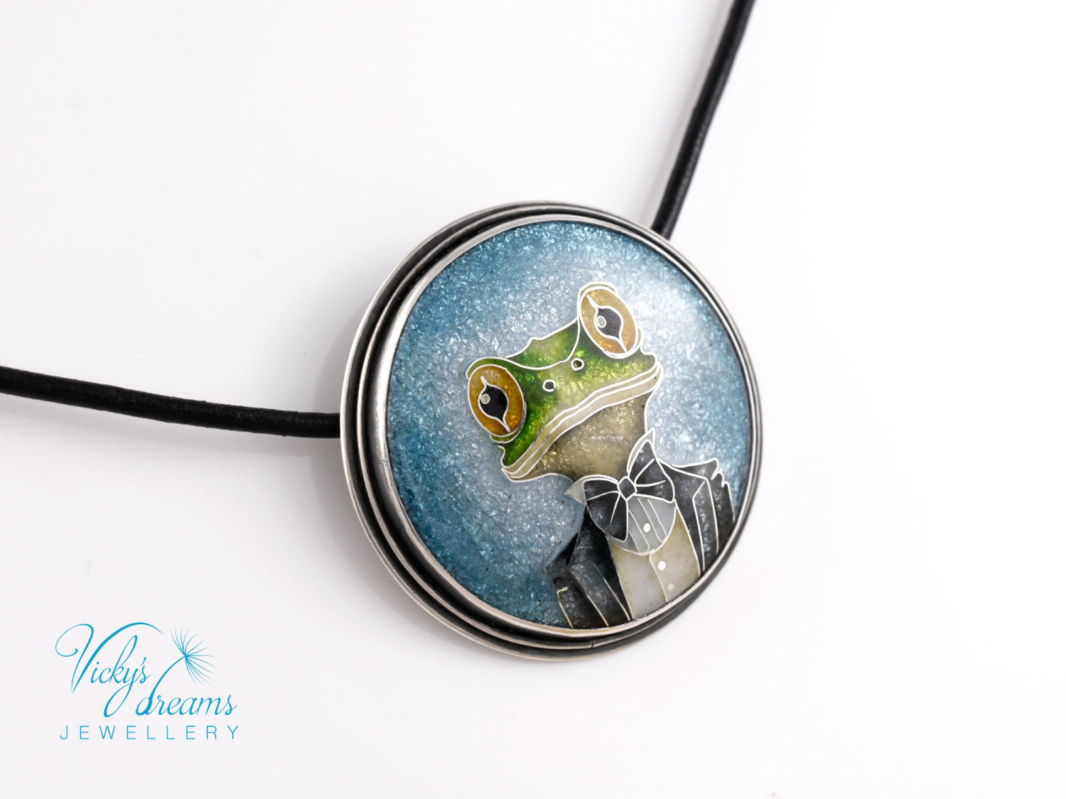Handmade cloisonné enamel Mr. Frog pendant in oxidized sterling silver with leather cord