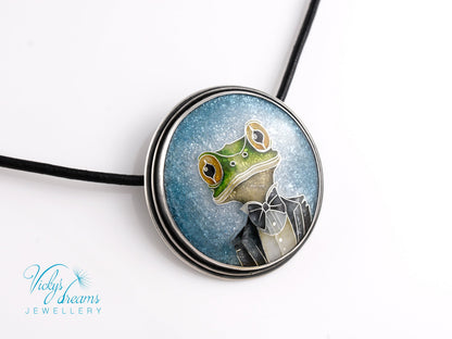 Handmade cloisonné enamel Mr. Frog pendant in oxidized sterling silver with leather cord