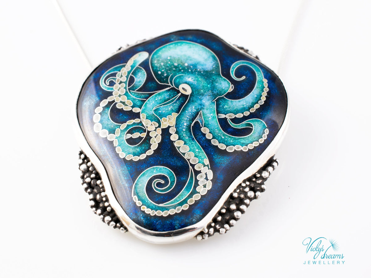 handmade cloisonne octopus pendant sterling silver ocean enamel jewellery