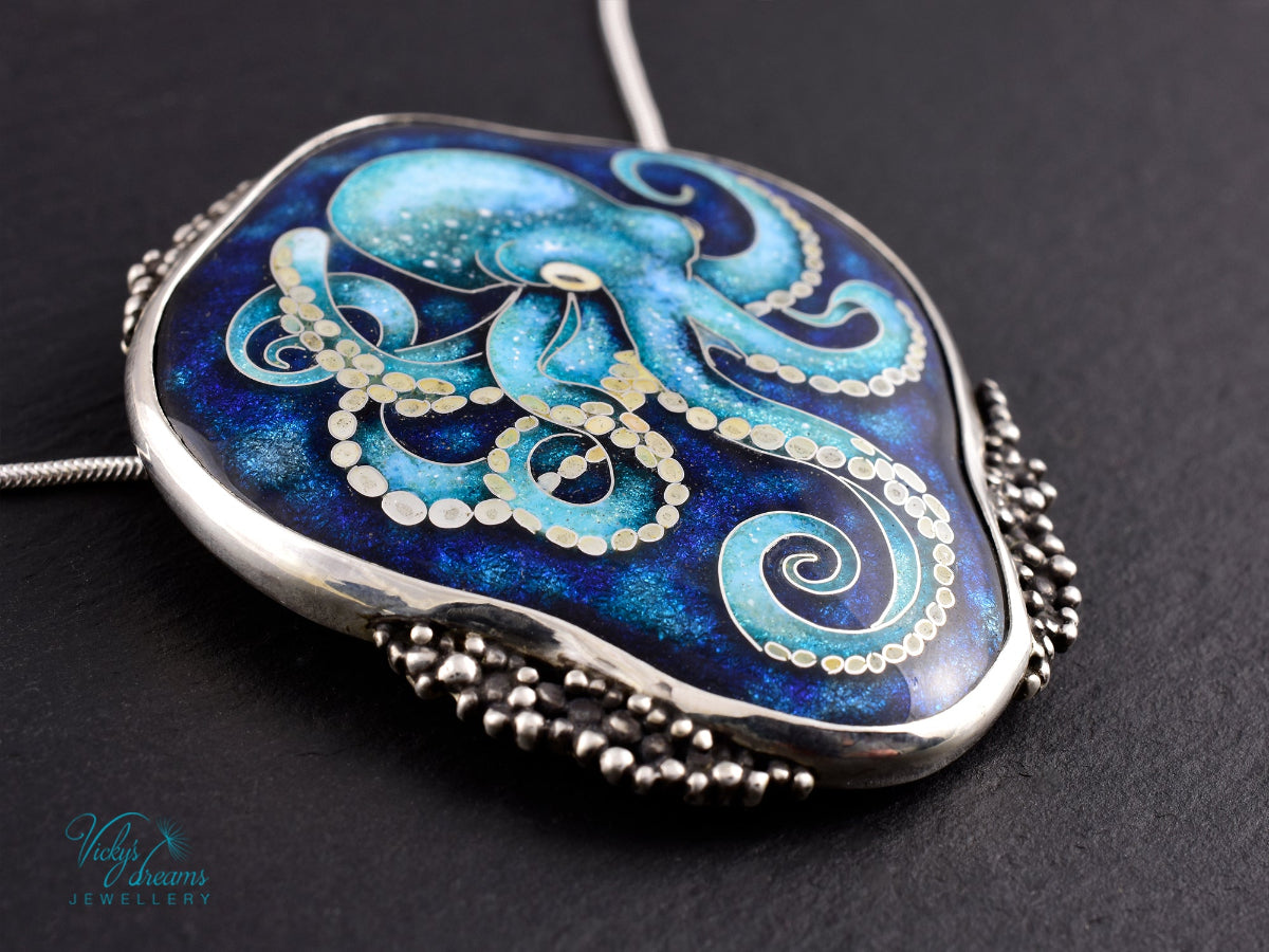 handmade cloisonne octopus pendant sterling silver ocean enamel jewellery
