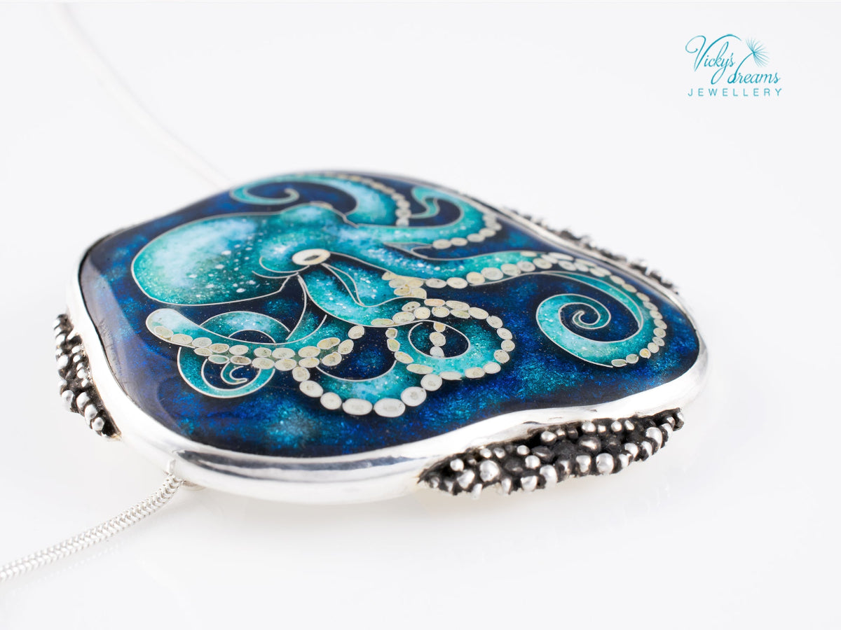 handmade cloisonne octopus pendant sterling silver ocean enamel jewellery
