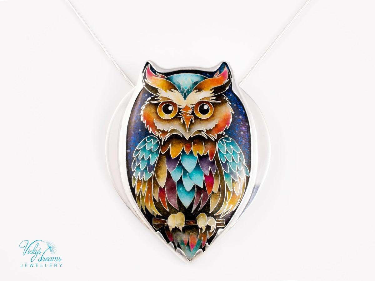 handmade cloisonné owl pendant sterling silver night sky enamel 