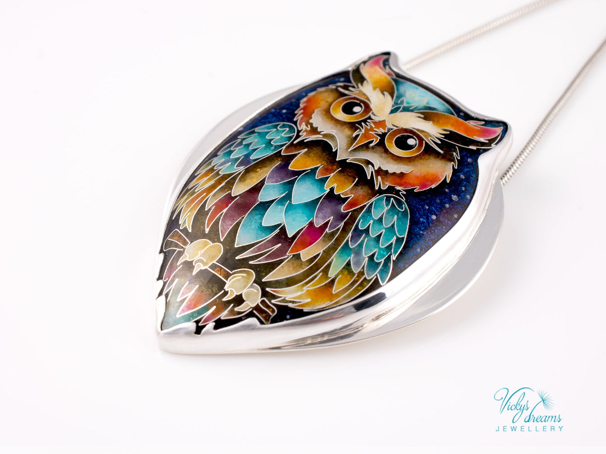 handmade cloisonné owl pendant sterling silver night sky enamel 