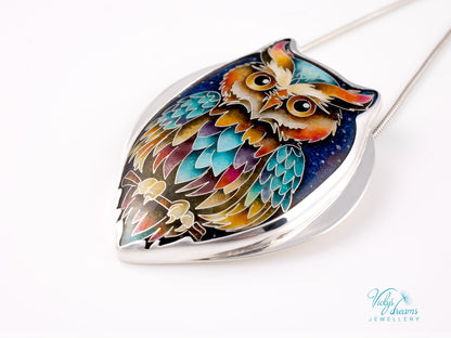 handmade cloisonné owl pendant sterling silver night sky enamel 