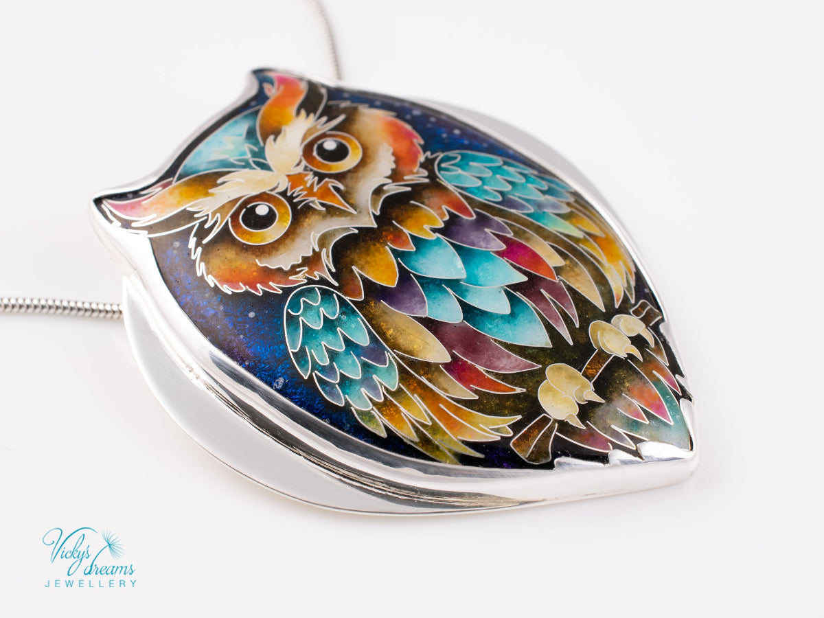 handmade cloisonné owl pendant sterling silver night sky enamel 