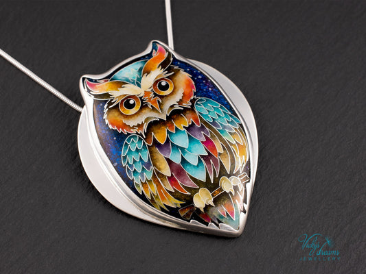 handmade cloisonné owl pendant sterling silver night sky enamel jewellery