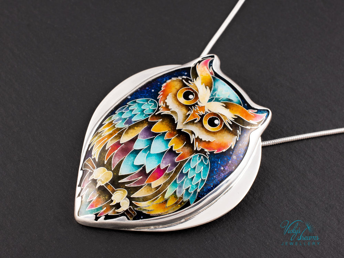 handmade cloisonné owl pendant sterling silver night sky enamel 