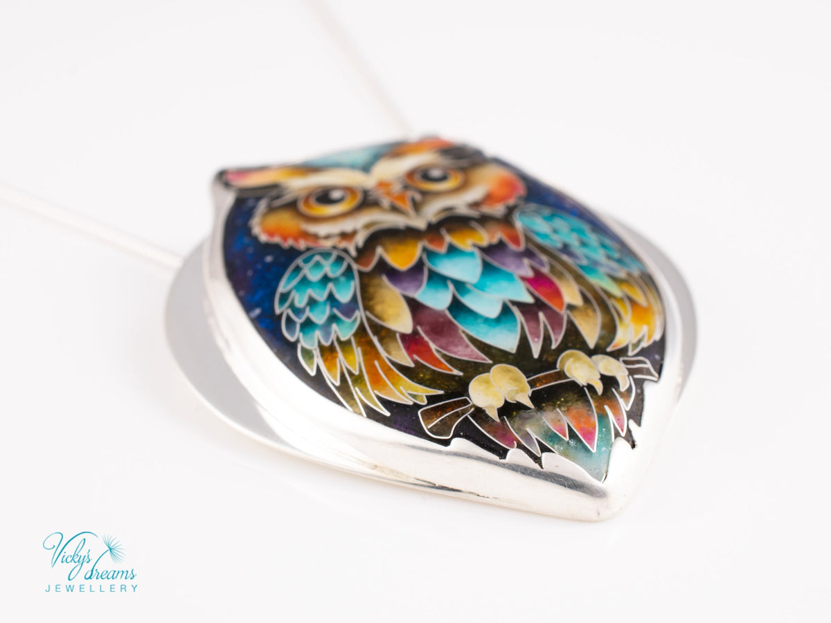 handmade cloisonné owl pendant sterling silver night sky enamel 