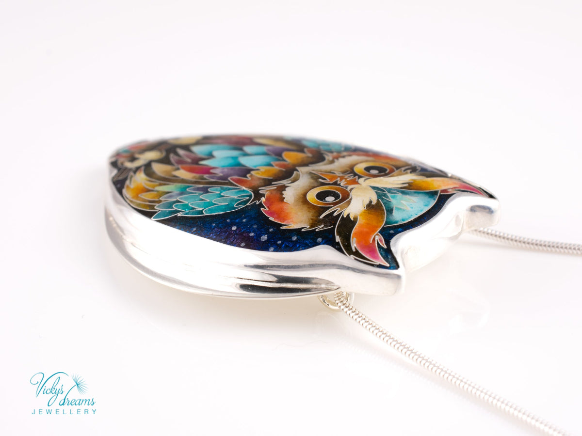 handmade cloisonné owl pendant sterling silver night sky enamel 