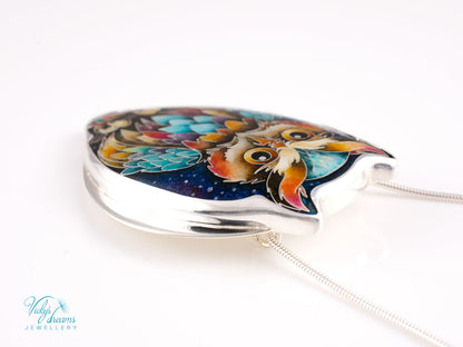 handmade cloisonné owl pendant sterling silver night sky enamel 