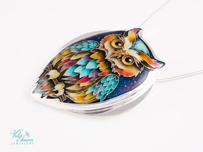 handmade cloisonné owl pendant sterling silver night sky enamel 