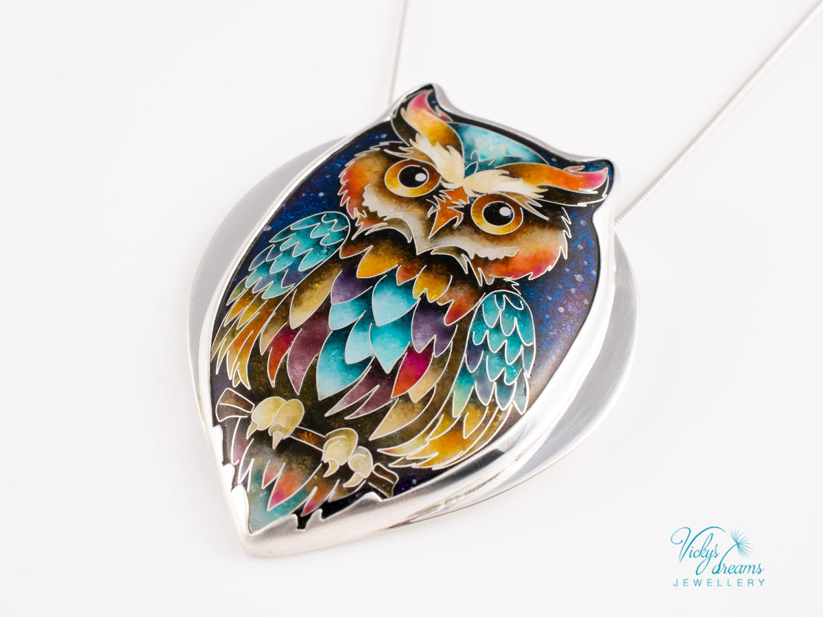 handmade cloisonné owl pendant sterling silver night sky enamel 