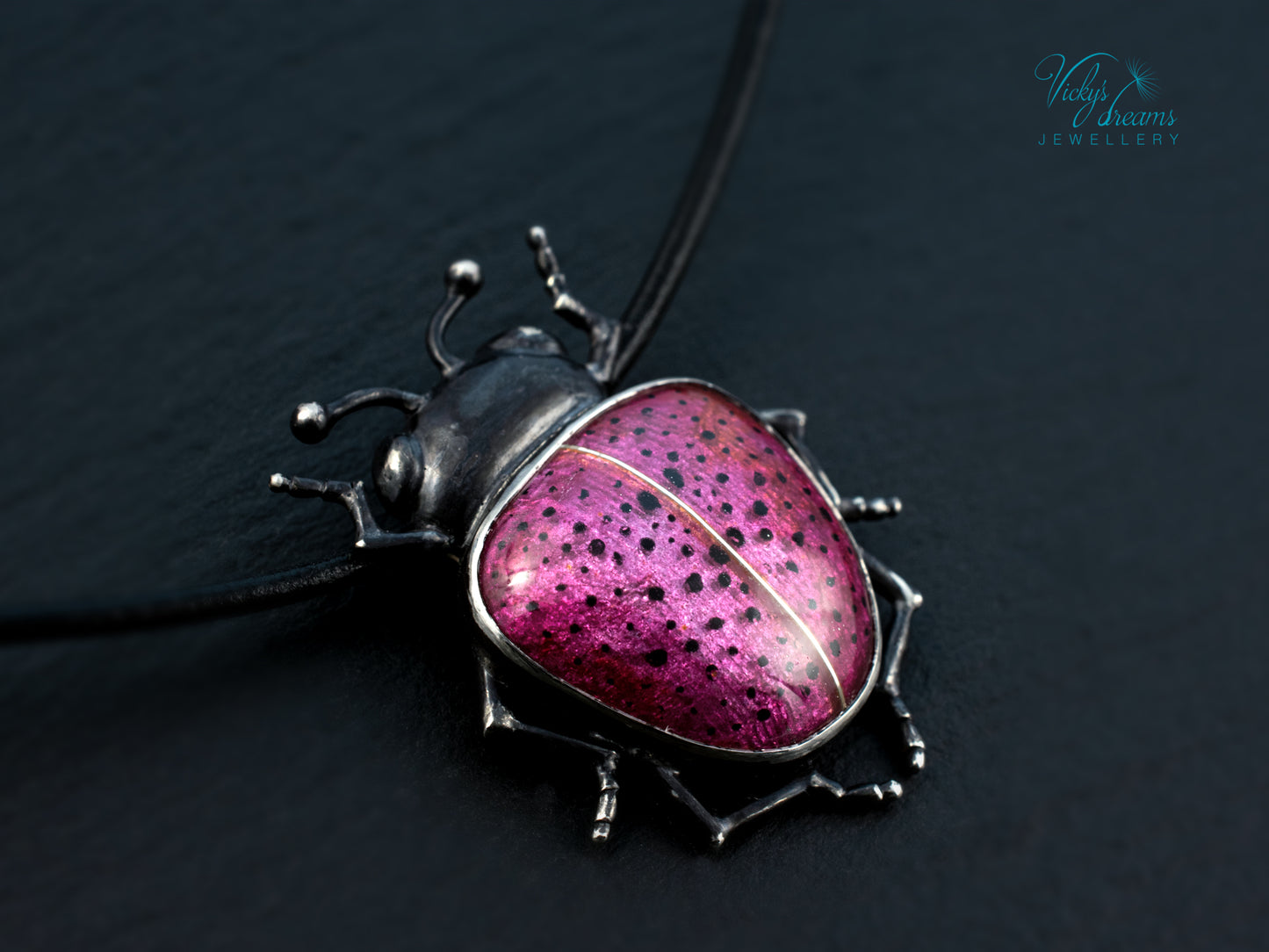 Pink Spotted Enamel Beetle Pendant | Sterling Silver Ladybug Insect Necklace | Cute Fuchsia Colorful Bug Jewelry