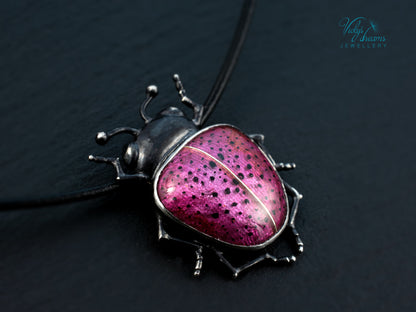 Pink Spotted Enamel Beetle Pendant | Sterling Silver Ladybug Insect Necklace | Cute Fuchsia Colorful Bug Jewelry