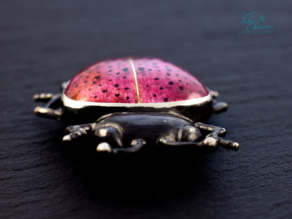 Pink Spotted Enamel Beetle Pendant | Sterling Silver Ladybug Insect Necklace | Cute Fuchsia Colorful Bug Jewelry