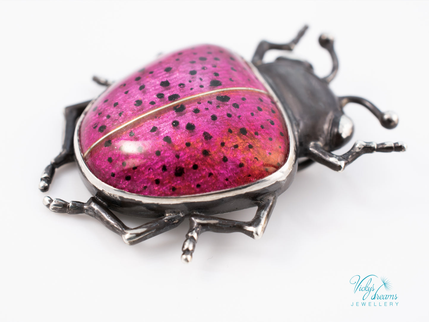 Pink Spotted Enamel Beetle Pendant | Sterling Silver Ladybug Insect Necklace | Cute Fuchsia Colorful Bug Jewelry