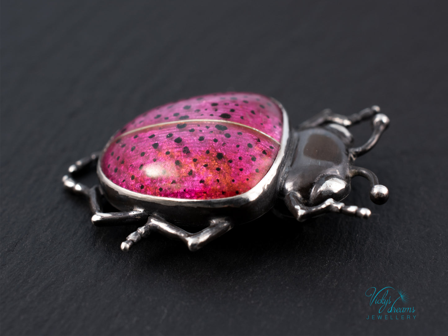 Pink Spotted Enamel Beetle Pendant | Sterling Silver Ladybug Insect Necklace | Cute Fuchsia Colorful Bug Jewelry