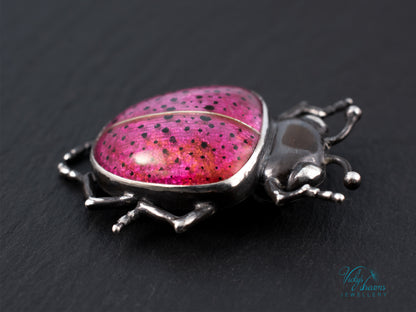 Pink Spotted Enamel Beetle Pendant | Sterling Silver Ladybug Insect Necklace | Cute Fuchsia Colorful Bug Jewelry