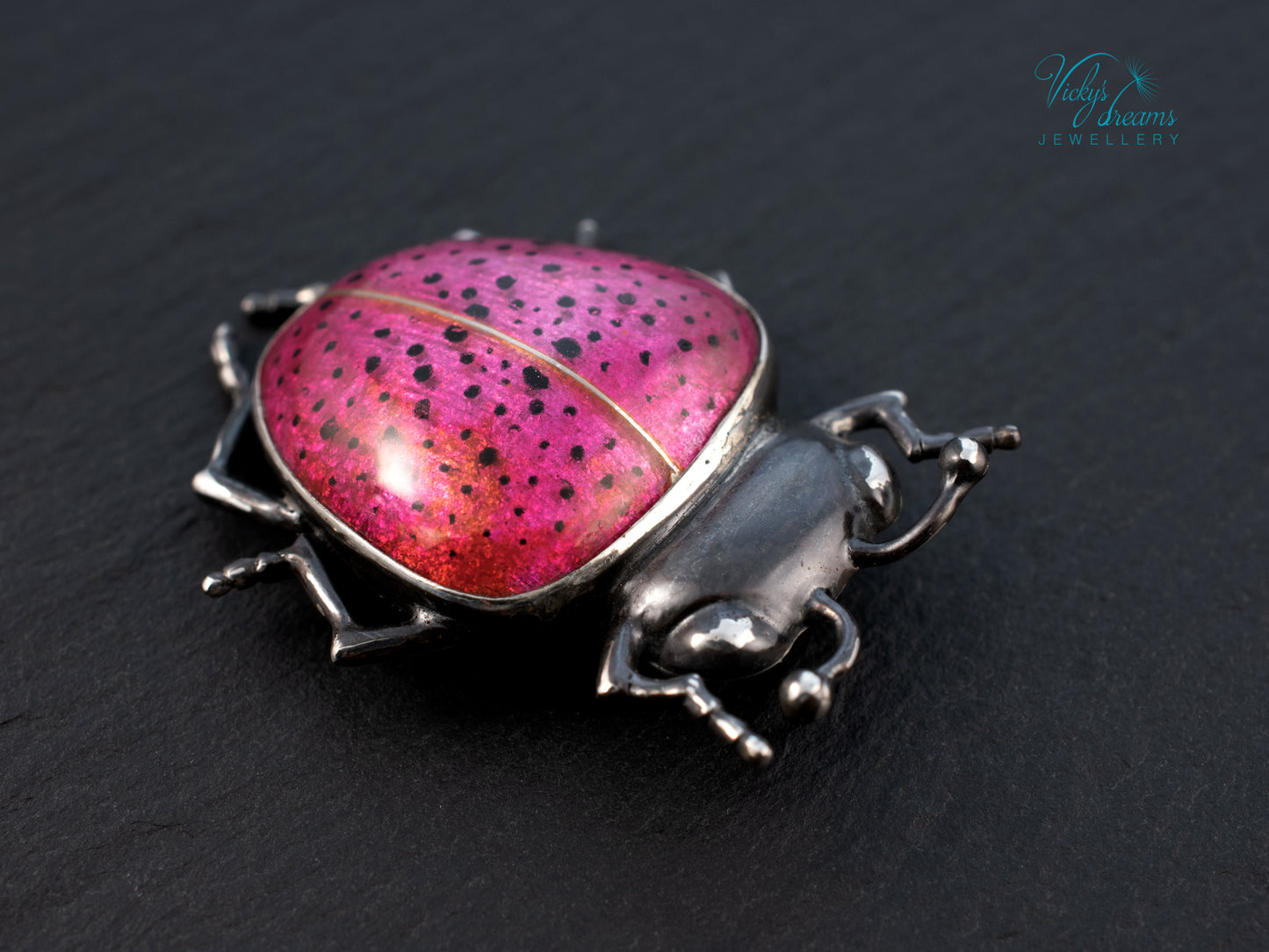Pink Spotted Enamel Beetle Pendant | Sterling Silver Ladybug Insect Necklace | Cute Fuchsia Colorful Bug Jewelry