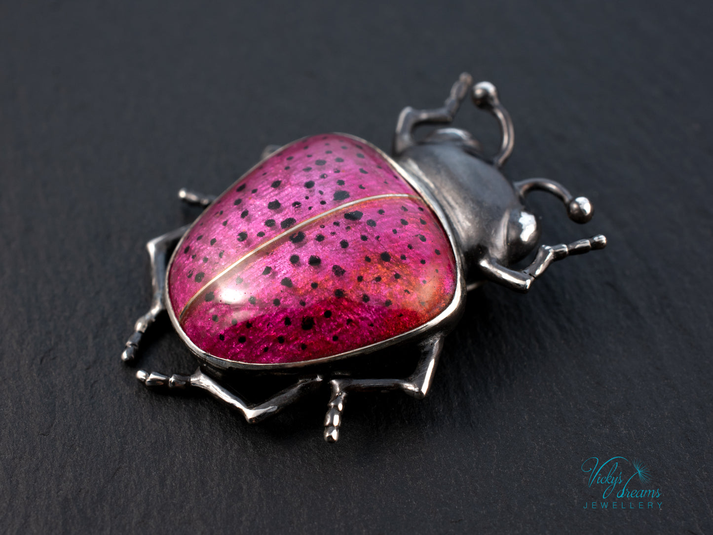 Pink Spotted Enamel Beetle Pendant | Sterling Silver Ladybug Insect Necklace | Cute Fuchsia Colorful Bug Jewelry