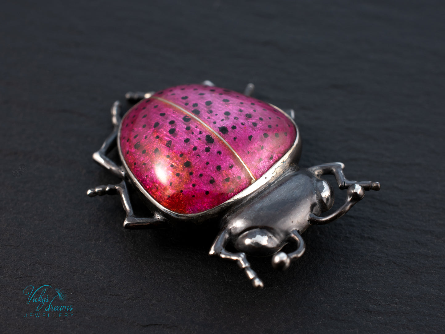 Pink Spotted Enamel Beetle Pendant | Sterling Silver Ladybug Insect Necklace | Cute Fuchsia Colorful Bug Jewelry