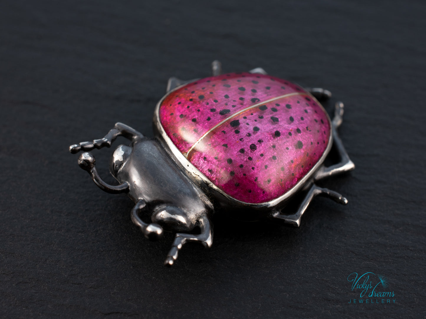 Pink Spotted Enamel Beetle Pendant | Sterling Silver Ladybug Insect Necklace | Cute Fuchsia Colorful Bug Jewelry