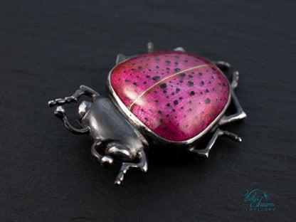 Pink Spotted Enamel Beetle Pendant | Sterling Silver Ladybug Insect Necklace | Cute Fuchsia Colorful Bug Jewelry