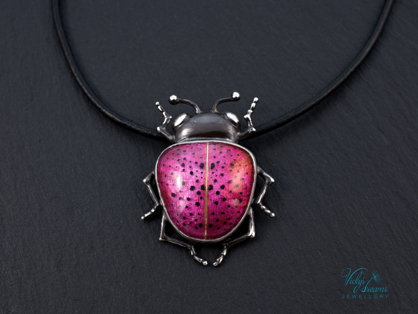 Pink Spotted Enamel Beetle Pendant | Sterling Silver Ladybug Insect Necklace | Cute Fuchsia Colorful Bug Jewelry