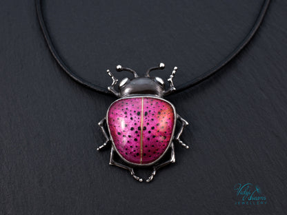 Pink Spotted Enamel Beetle Pendant | Sterling Silver Ladybug Insect Necklace | Cute Fuchsia Colorful Bug Jewelry