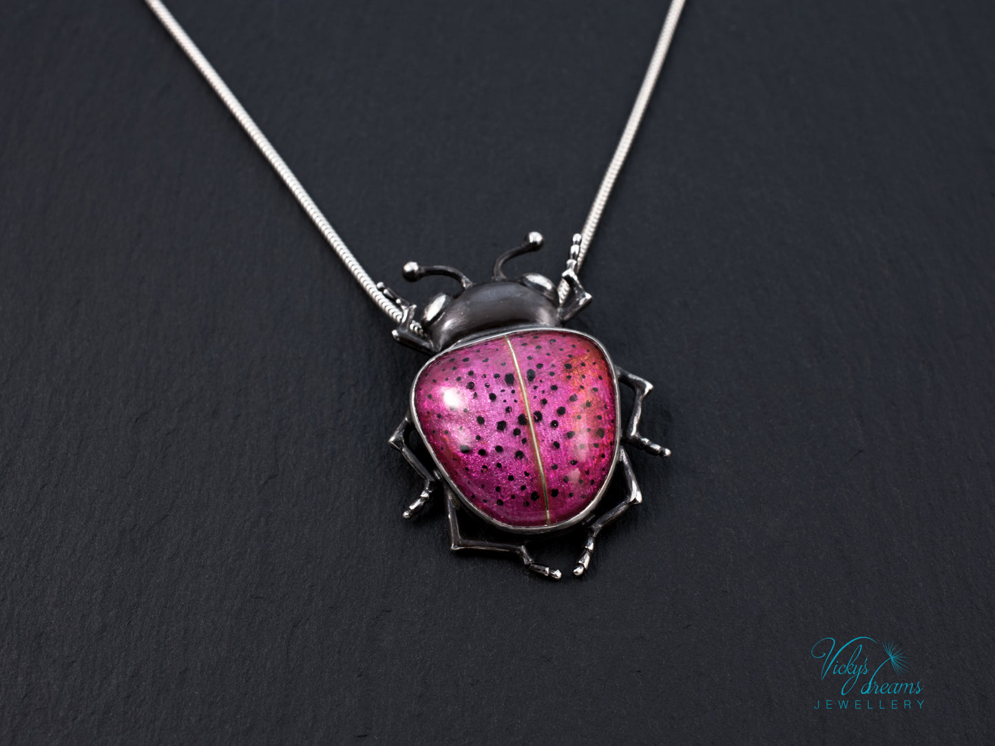 Pink Spotted Enamel Beetle Pendant | Sterling Silver Ladybug Insect Necklace | Cute Fuchsia Colorful Bug Jewelry