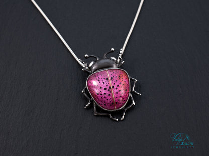 Pink Spotted Enamel Beetle Pendant | Sterling Silver Ladybug Insect Necklace | Cute Fuchsia Colorful Bug Jewelry